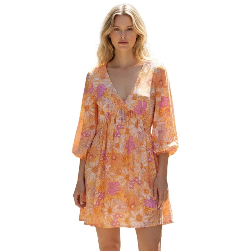 H&M Dress Women Medium Orange Floral V-Neck Tie Back Mini Boho Retro Sun Dress